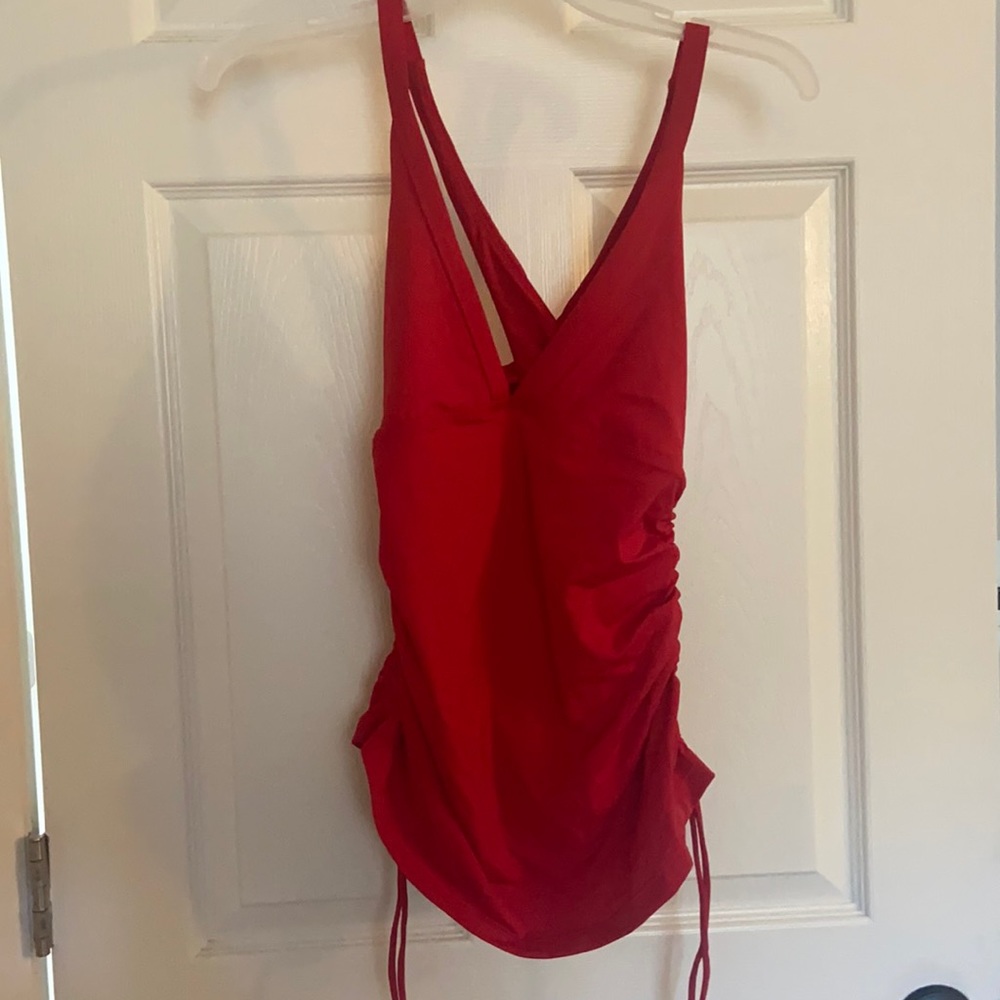 Red Athleta swim top.